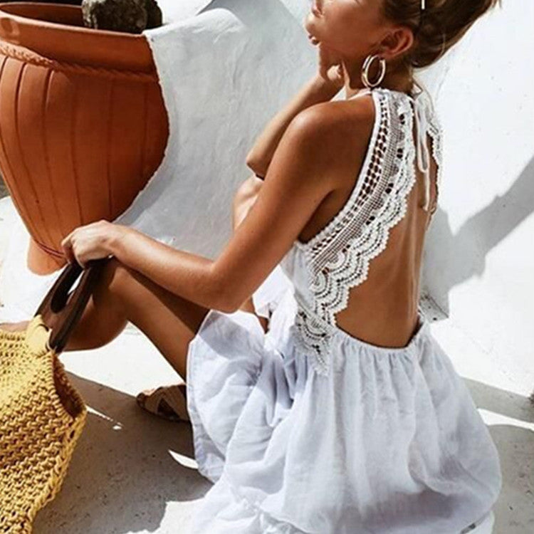 Bohemian Lace Trim Mini Dress with Open Back & Ruffled Hem