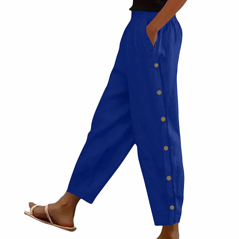 Casual Pants Elastic Waist Side Button Loose Fit Trousers With Pockets Women's