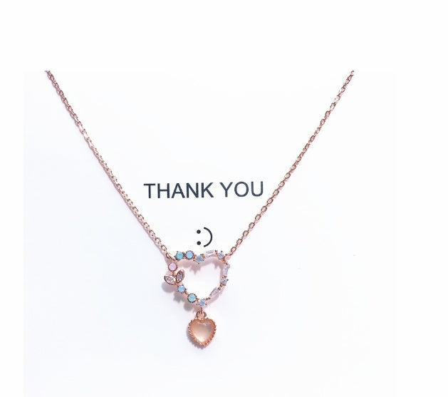 Rose Gold Heart Crystal Jewelry Set – Necklace & Earrings with Pink Drop Charms