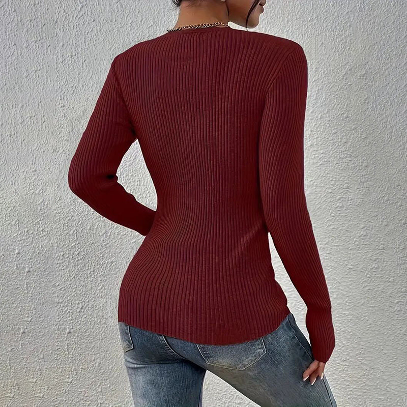 Elegant V-Neck Button Detail Knit Sweater - Long Sleeve Solid Color Casual Pullover For Fall&SpringTop