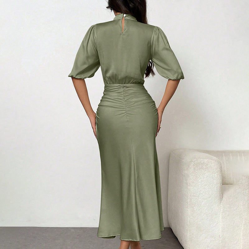 Short Sleeve Mock Neck Ruched Midi Dress Slim Fit Elegant Party Dress Women's