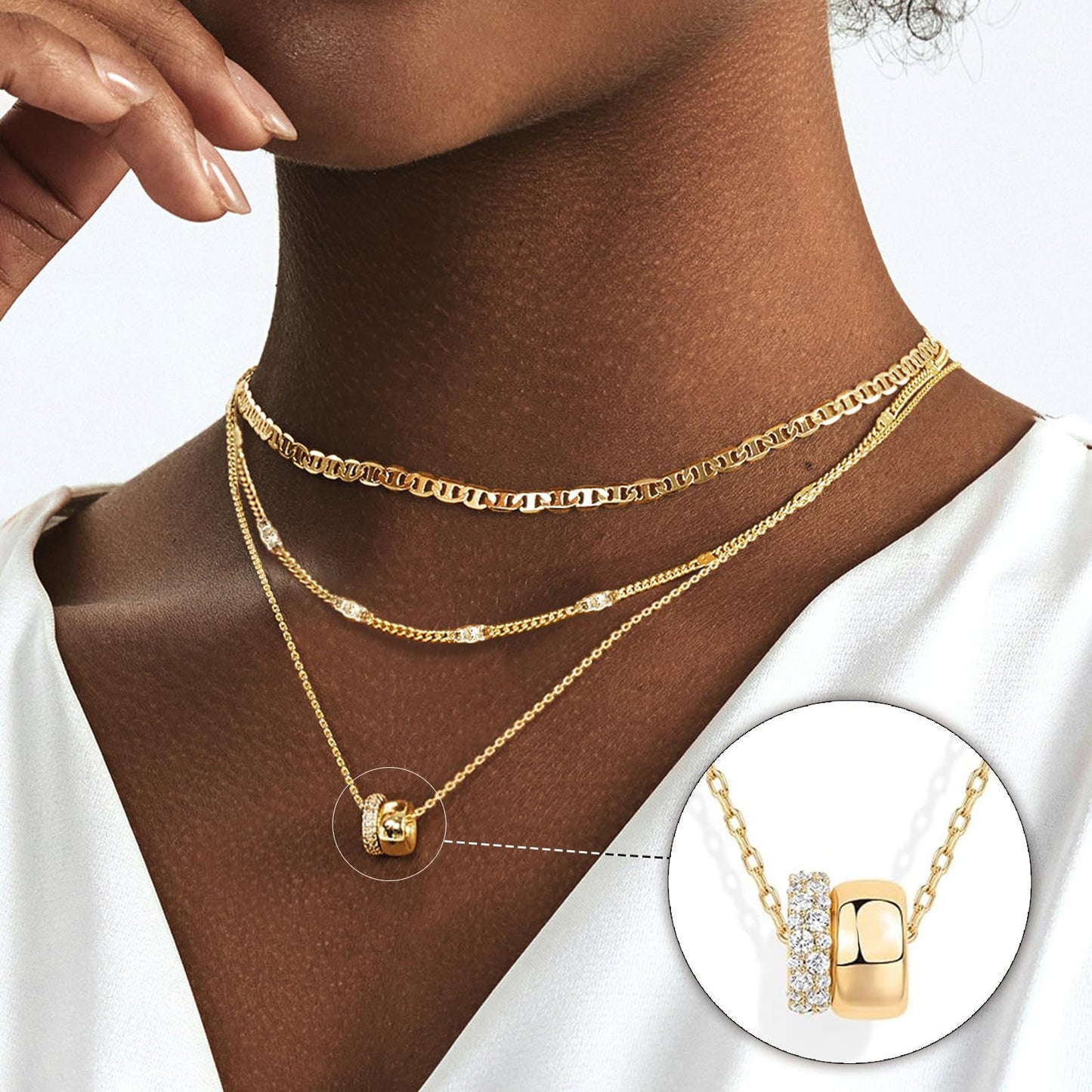 3-Piece Layered Gold Chain Necklace Set – Minimalist Cuban, Rope & Pendant Design Necklace Zircon-laid Necklace For Women's