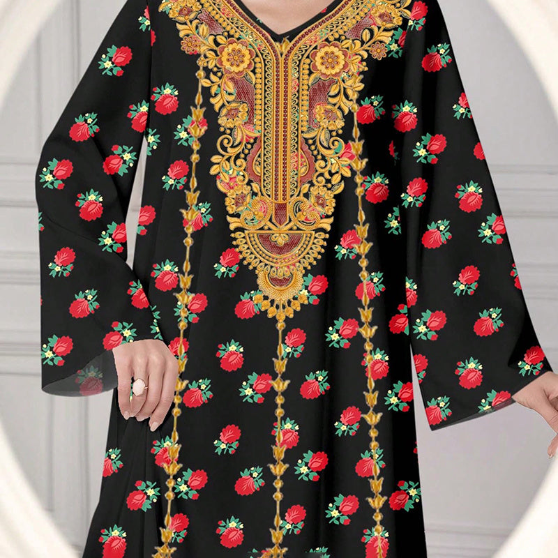 Ethnic Maxi Dress - Bohemian Embroidered Floral Print V-Neck Retro Long Dress