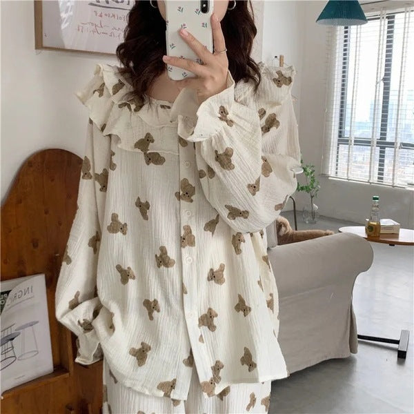 Flutter Dreams Pajama Set – Soft Ruffles & Cozy Charm Long Sleeved Pants Home Suit For Women