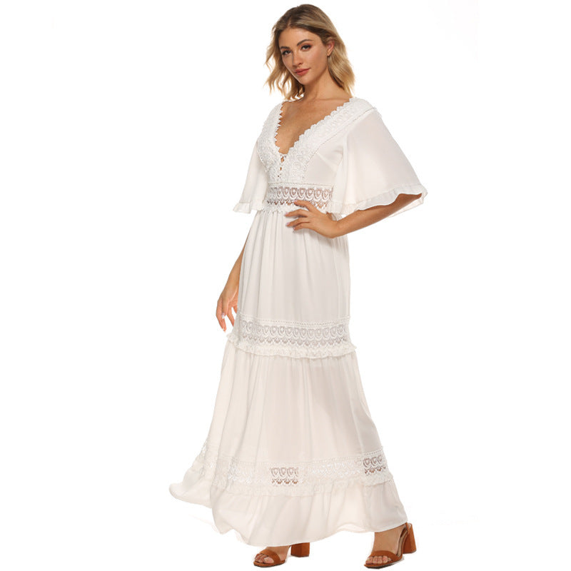 Lace Stitching Chiffon Short-Sleeved Dress