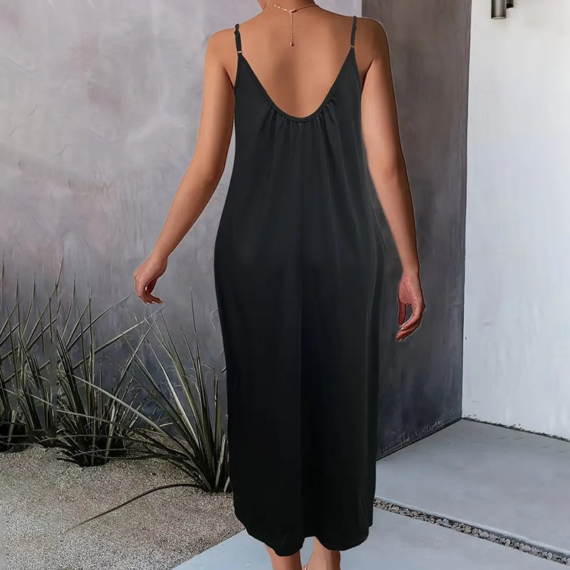 Casual Summer Spaghetti Straps Maxi Dress With Pockets Loose Fit Long Dress