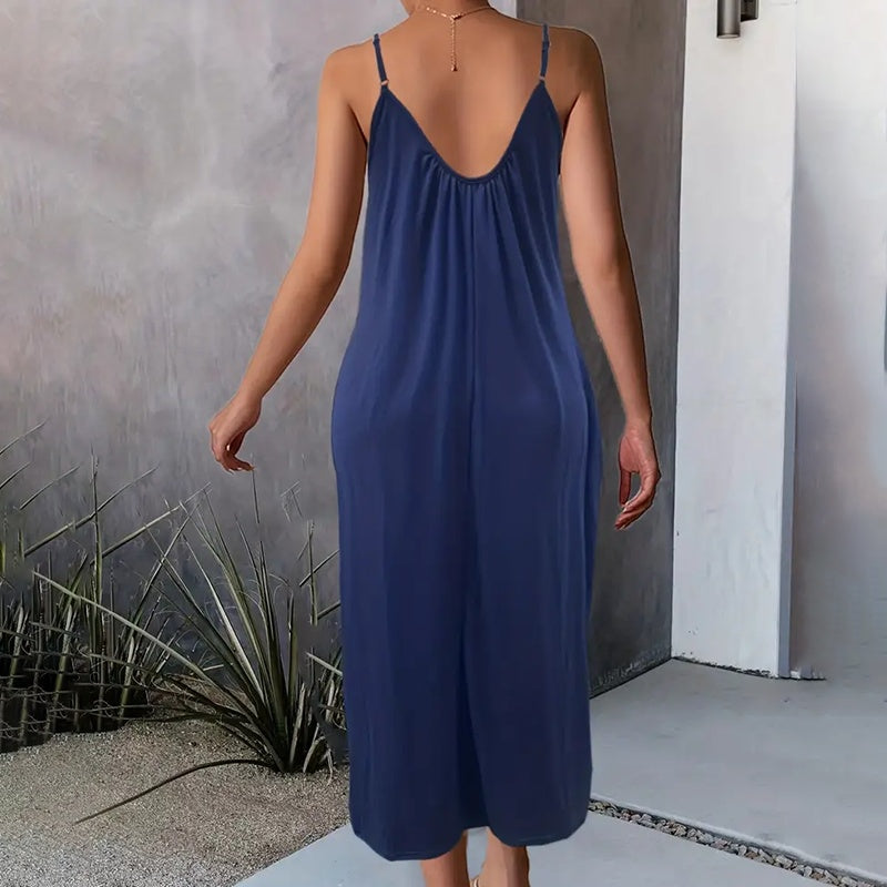 Casual Summer Spaghetti Straps Maxi Dress With Pockets Loose Fit Long Dress
