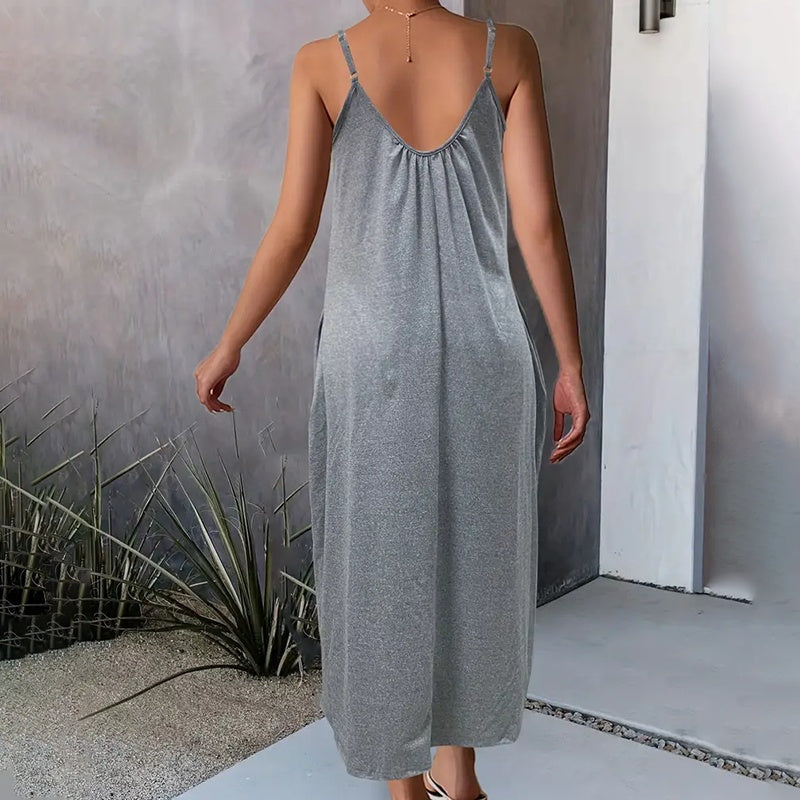 Casual Summer Spaghetti Straps Maxi Dress With Pockets Loose Fit Long Dress