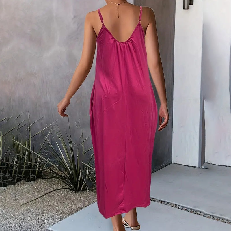 Casual Summer Spaghetti Straps Maxi Dress With Pockets Loose Fit Long Dress