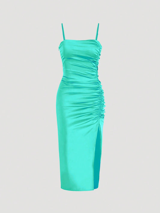 Solid Color Ruched Bodycon Slit Cami Dress Party Dress Wedding Guest Dress