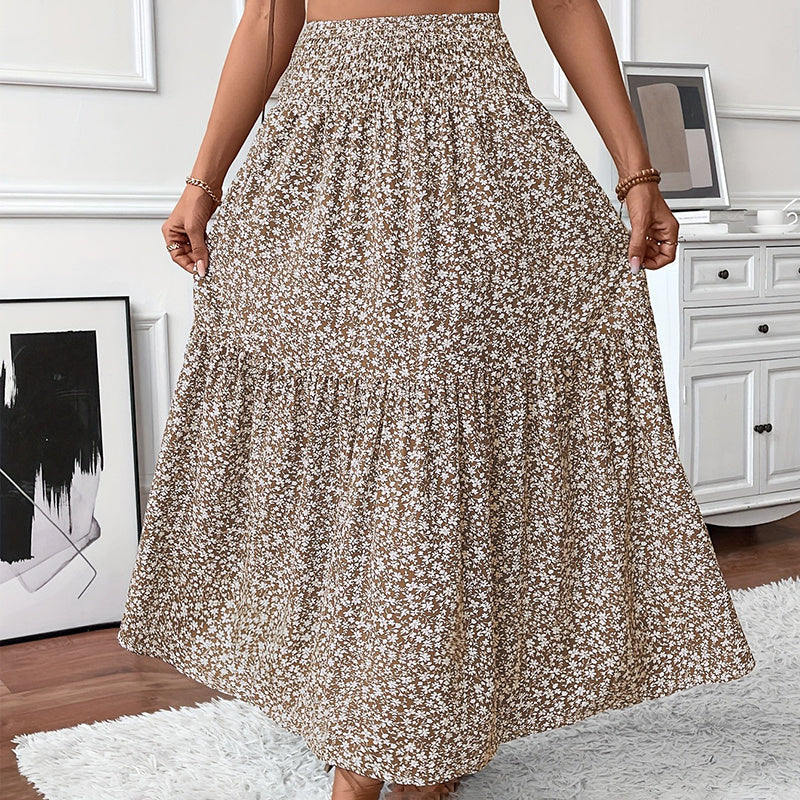 Boho Floral Maxi Skirt - High Elastic Waist, Pleated A-Line Long Skirt