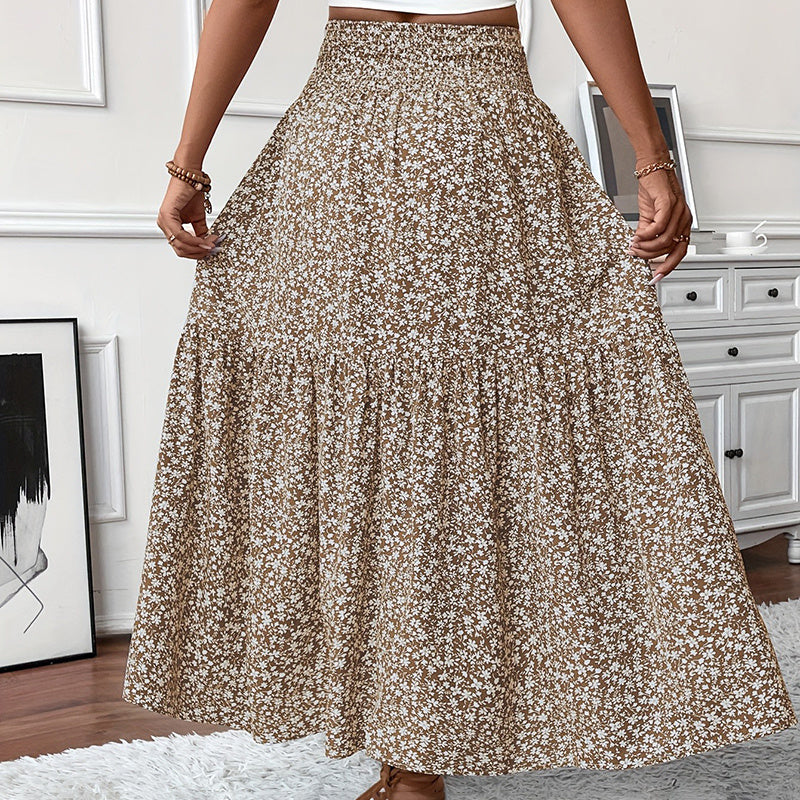 Boho Floral Maxi Skirt - High Elastic Waist, Pleated A-Line Long Skirt