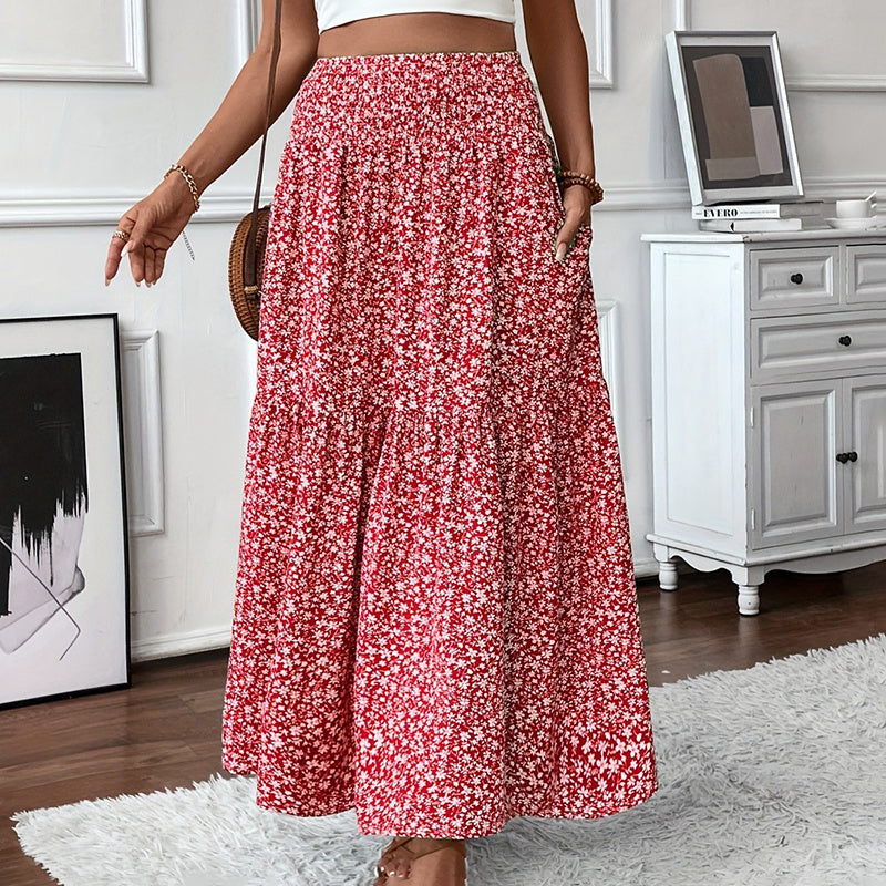 Boho Floral Maxi Skirt - High Elastic Waist, Pleated A-Line Long Skirt