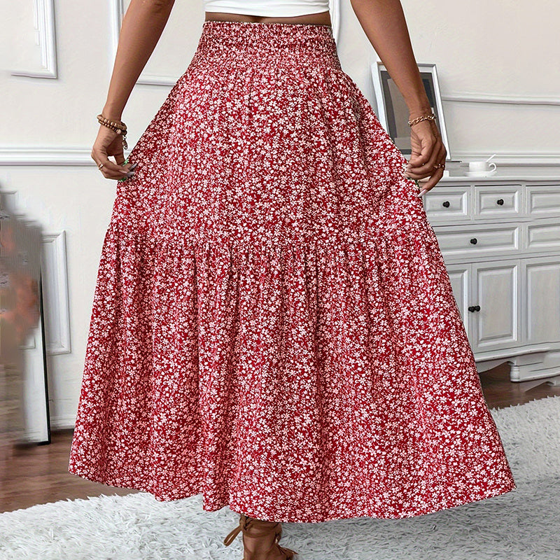Boho Floral Maxi Skirt - High Elastic Waist, Pleated A-Line Long Skirt