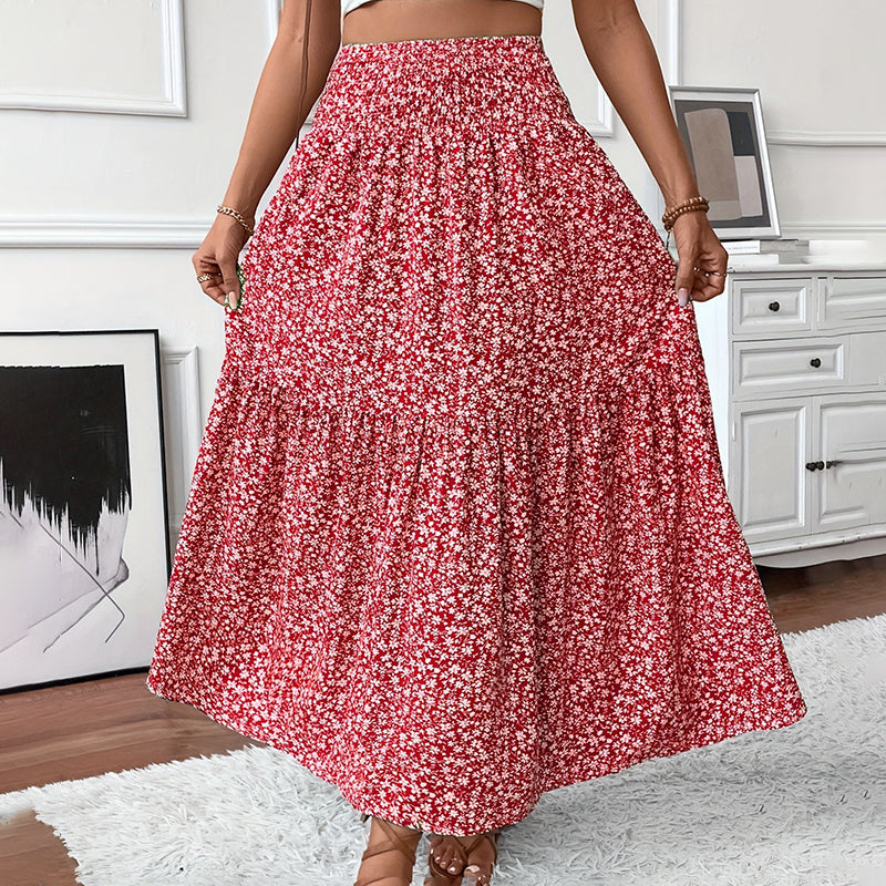 Boho Floral Maxi Skirt - High Elastic Waist, Pleated A-Line Long Skirt