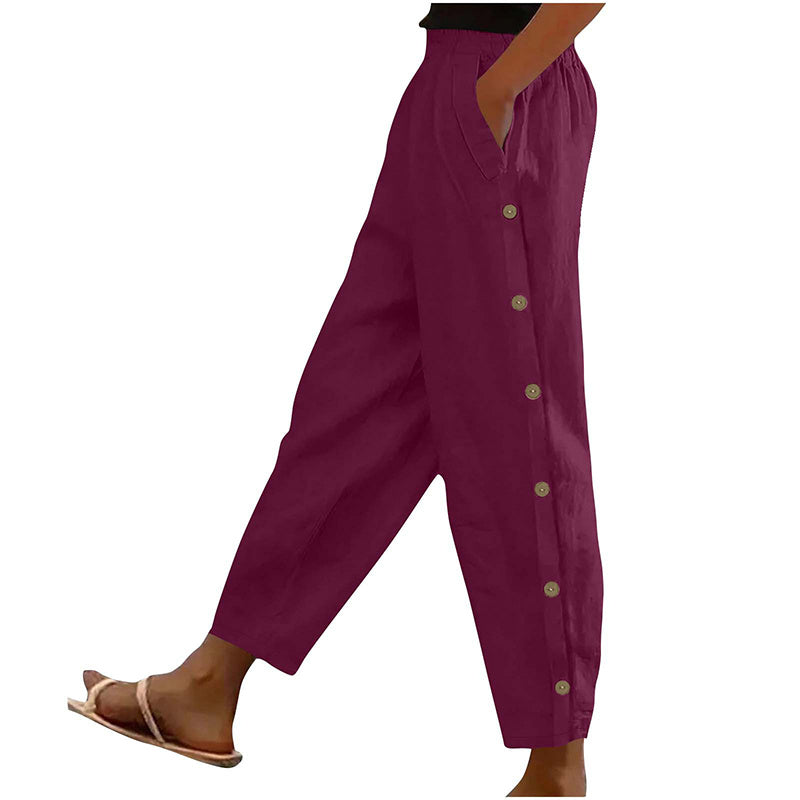 Casual Pants Elastic Waist Side Button Loose Fit Trousers With Pockets Women's