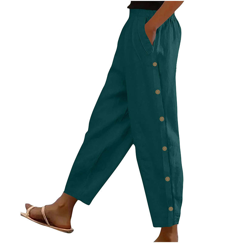 Casual Pants Elastic Waist Side Button Loose Fit Trousers With Pockets Women's