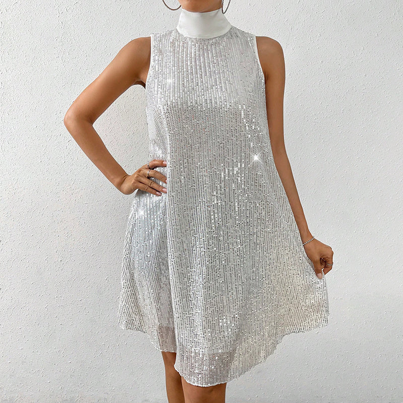 Sparkly Sequin Sleeveless Mock Neck Dress Glittery Evening Party Dress