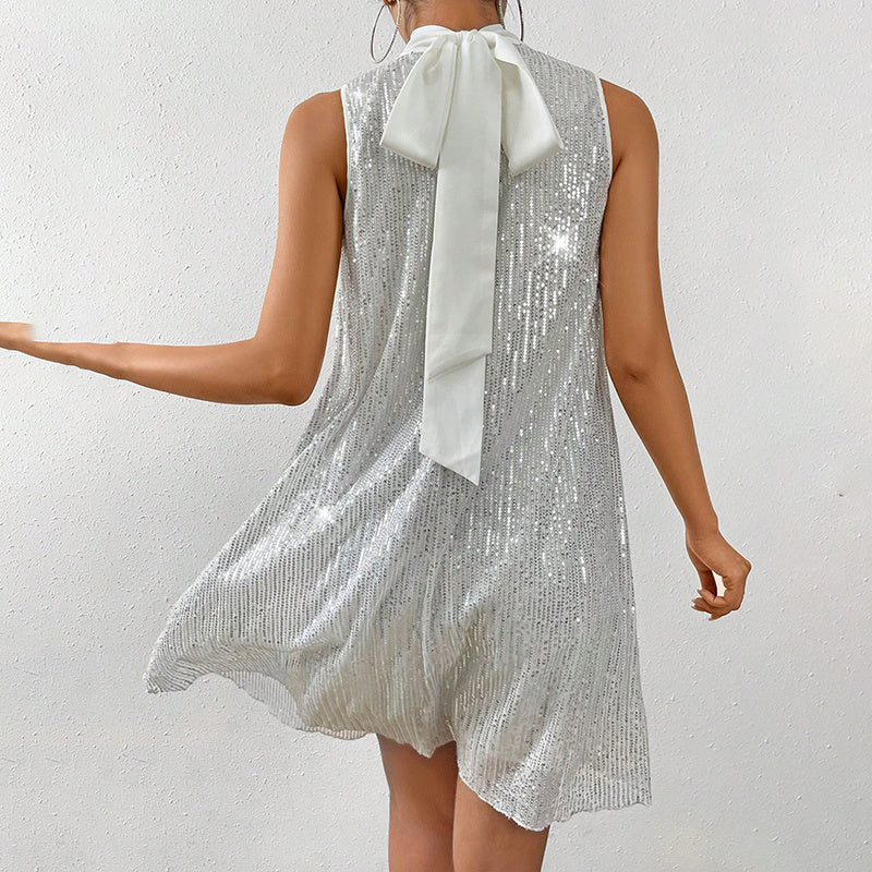 Sparkly Sequin Sleeveless Mock Neck Dress Glittery Evening Party Dress