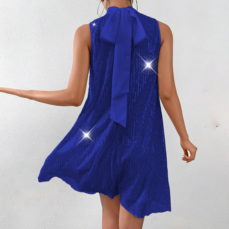 Sparkly Sequin Sleeveless Mock Neck Dress Glittery Evening Party Dress