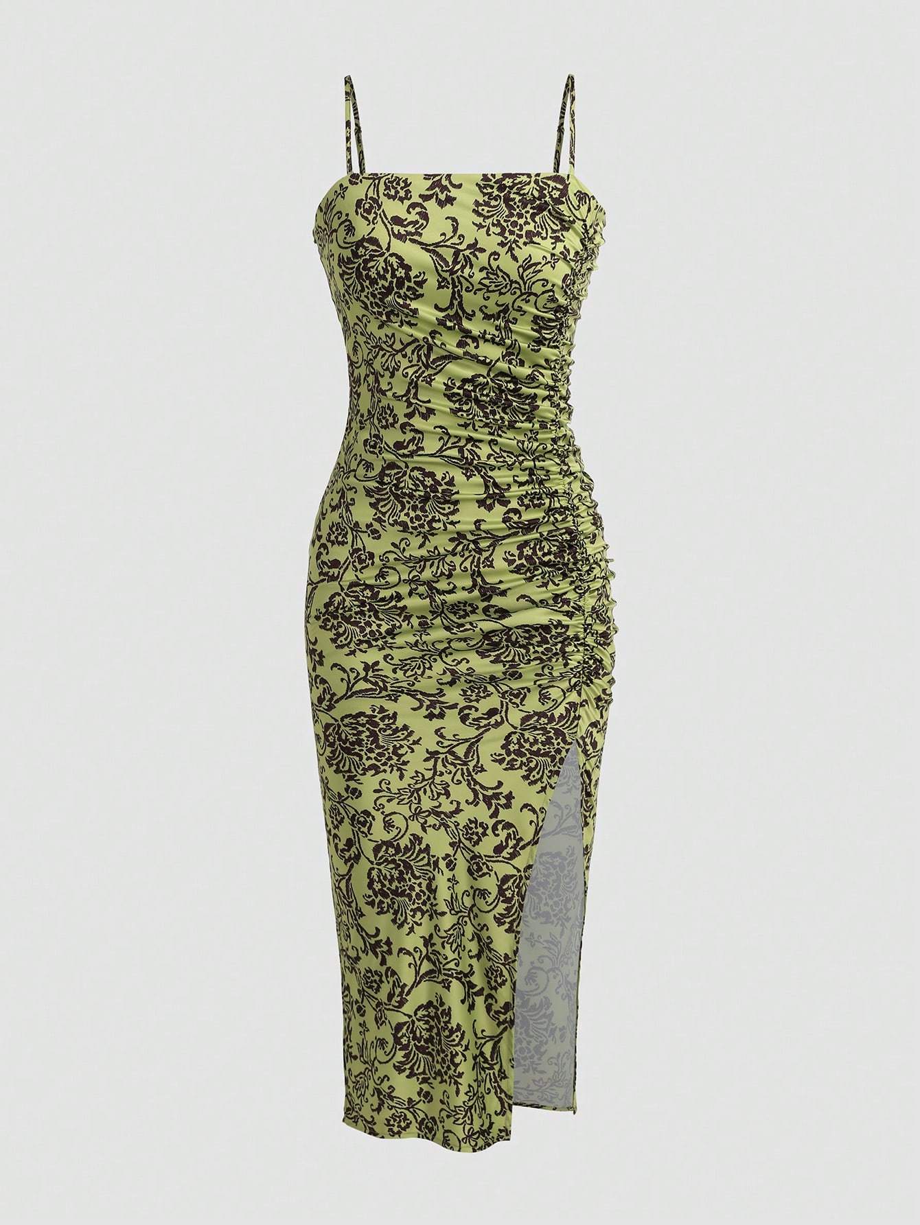 Solid Color Ruched Bodycon Slit Cami Dress Party Dress Wedding Guest Dress