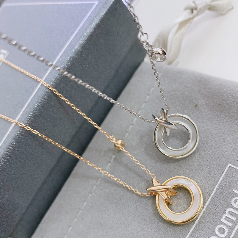 Elegant Twin Ring Pendant Necklace – Timeless Gold & Silver Dual-Tone Design Fritillary circle silver necklace