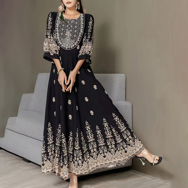 Bohemian Embroidered Maxi Dress Elegant 3 4 Sleeve Swing Dress