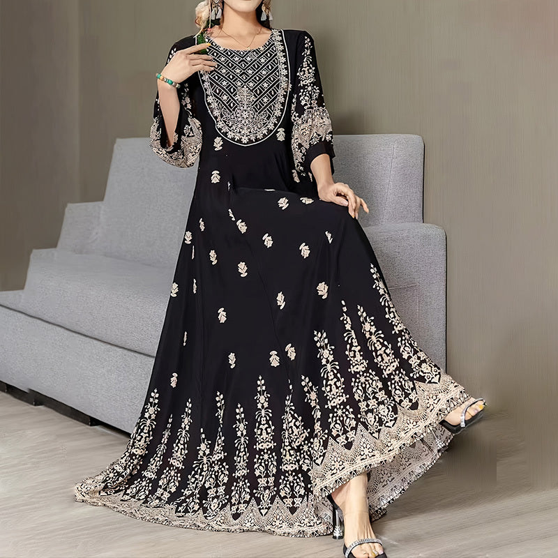 Bohemian Embroidered Maxi Dress Elegant 3 4 Sleeve Swing Dress