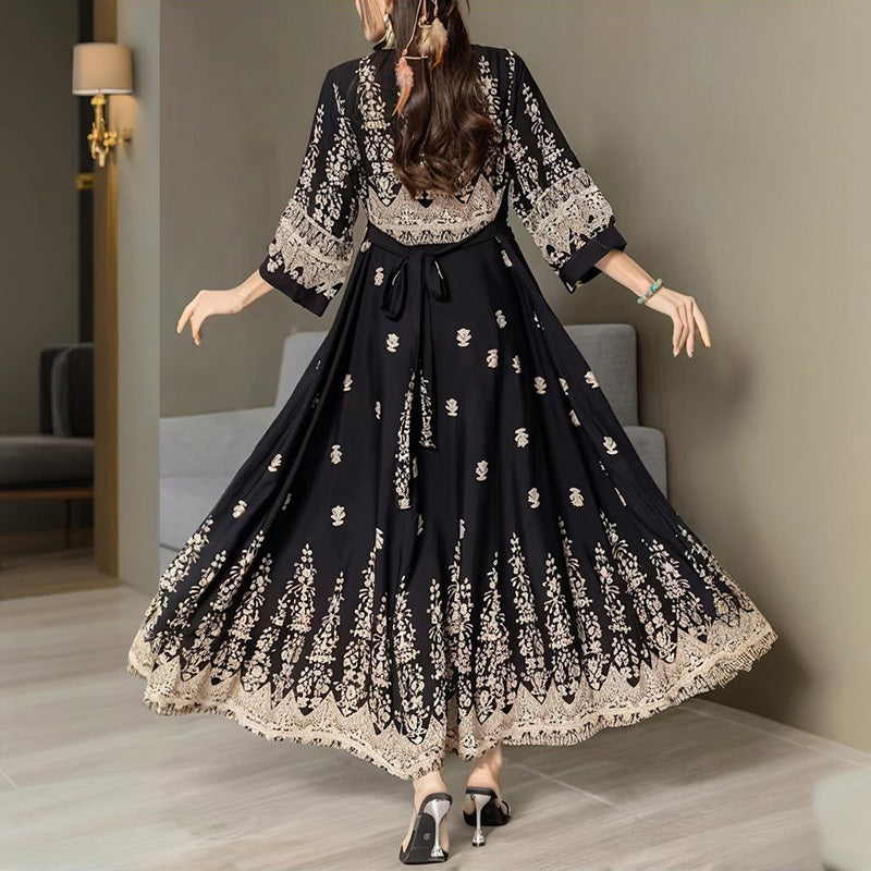 Bohemian Embroidered Maxi Dress Elegant 3 4 Sleeve Swing Dress