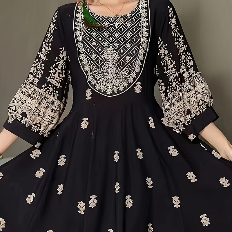 Bohemian Embroidered Maxi Dress Elegant 3 4 Sleeve Swing Dress