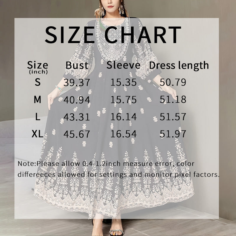 Bohemian Embroidered Maxi Dress Elegant 3 4 Sleeve Swing Dress