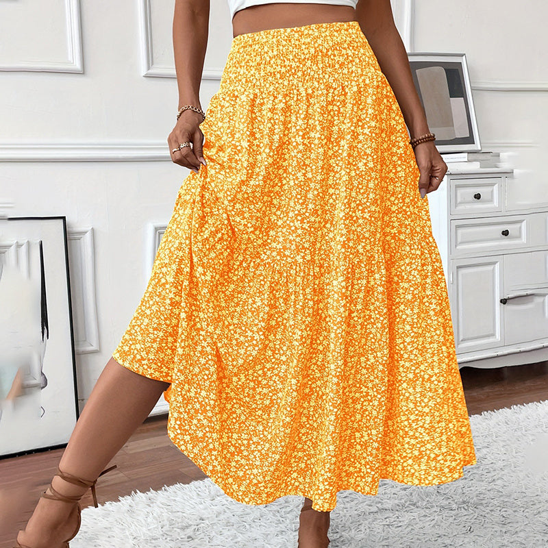 Boho Floral Maxi Skirt - High Elastic Waist, Pleated A-Line Long Skirt