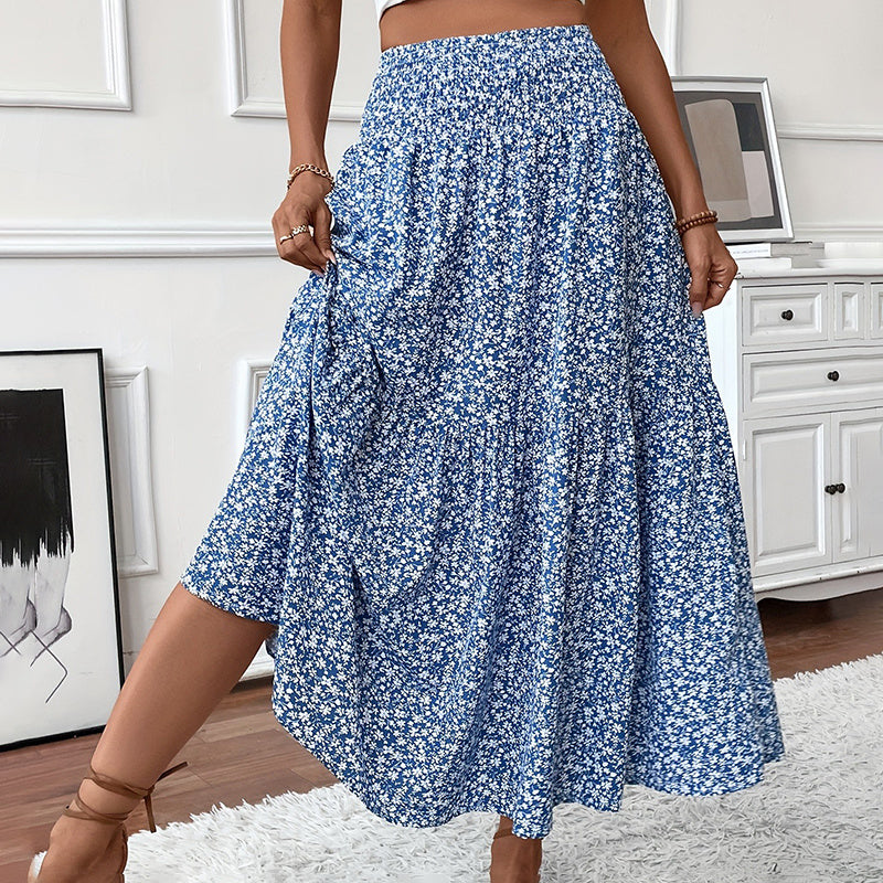 Boho Floral Maxi Skirt - High Elastic Waist, Pleated A-Line Long Skirt
