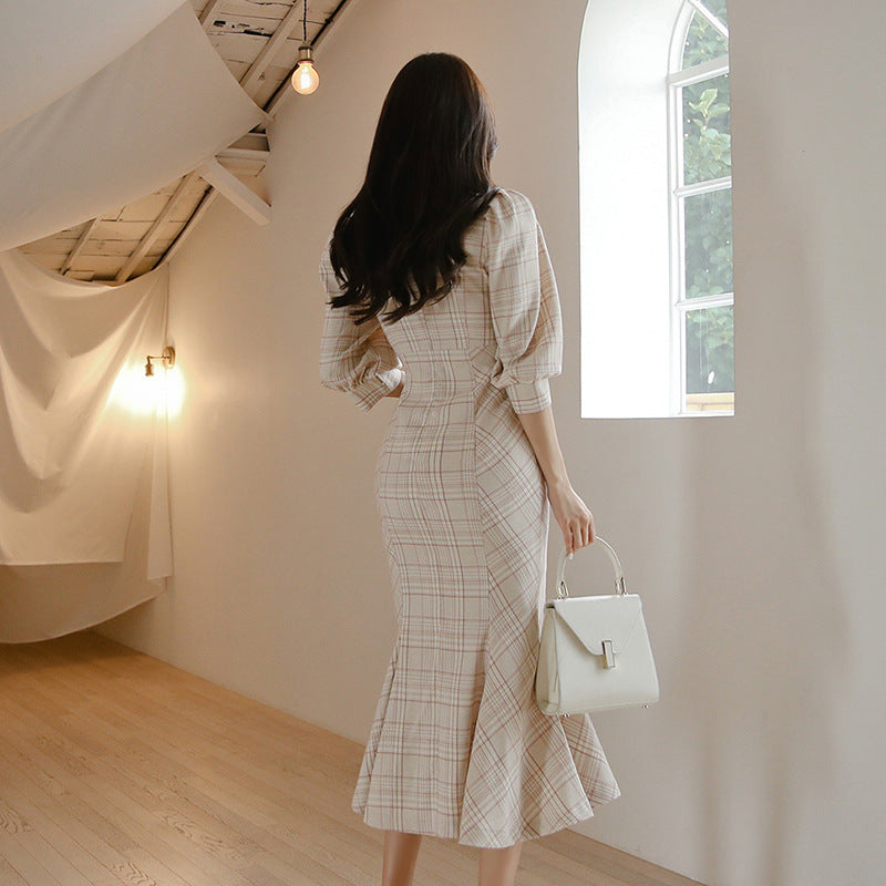 Elegant Beige Button-Front Midi Dress with Mermaid Hem V-neck Ruffle Dress