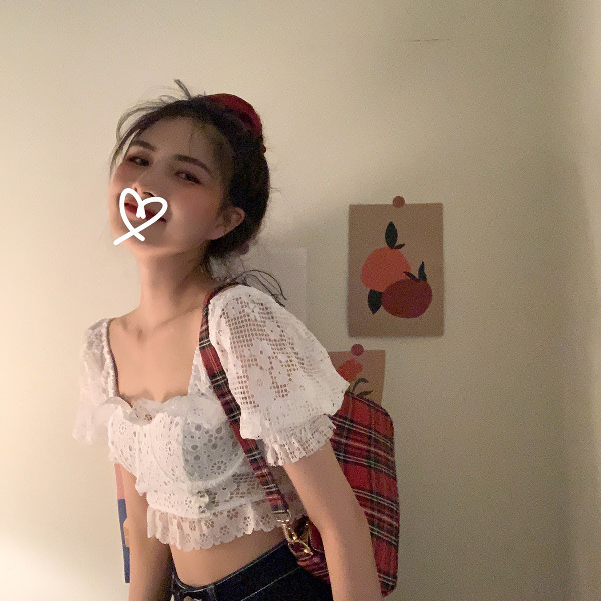 Sweet & Chic Embroidered Lace Blouse - Women's Cropped Top Korean style lace puff sleeve short top