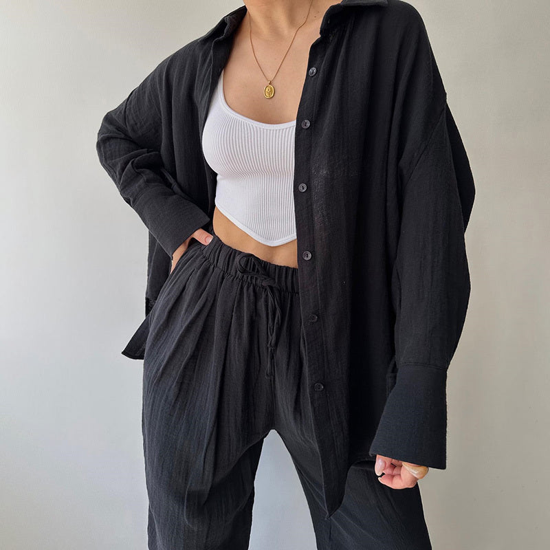Solid Color Lapel Collar Long Sleeve Shirt & High-Waist Pants Set - Casual Loose Fit Outfit