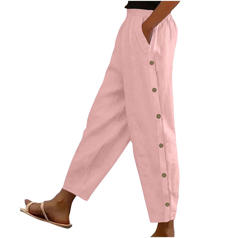 Casual Pants Elastic Waist Side Button Loose Fit Trousers With Pockets Women's