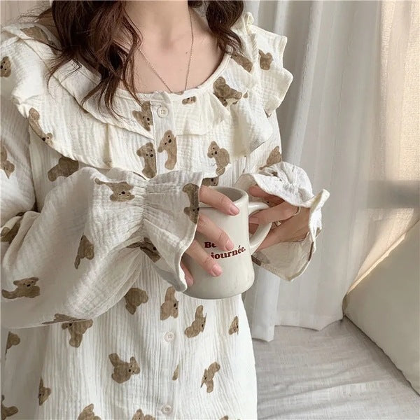 Flutter Dreams Pajama Set – Soft Ruffles & Cozy Charm Long Sleeved Pants Home Suit For Women