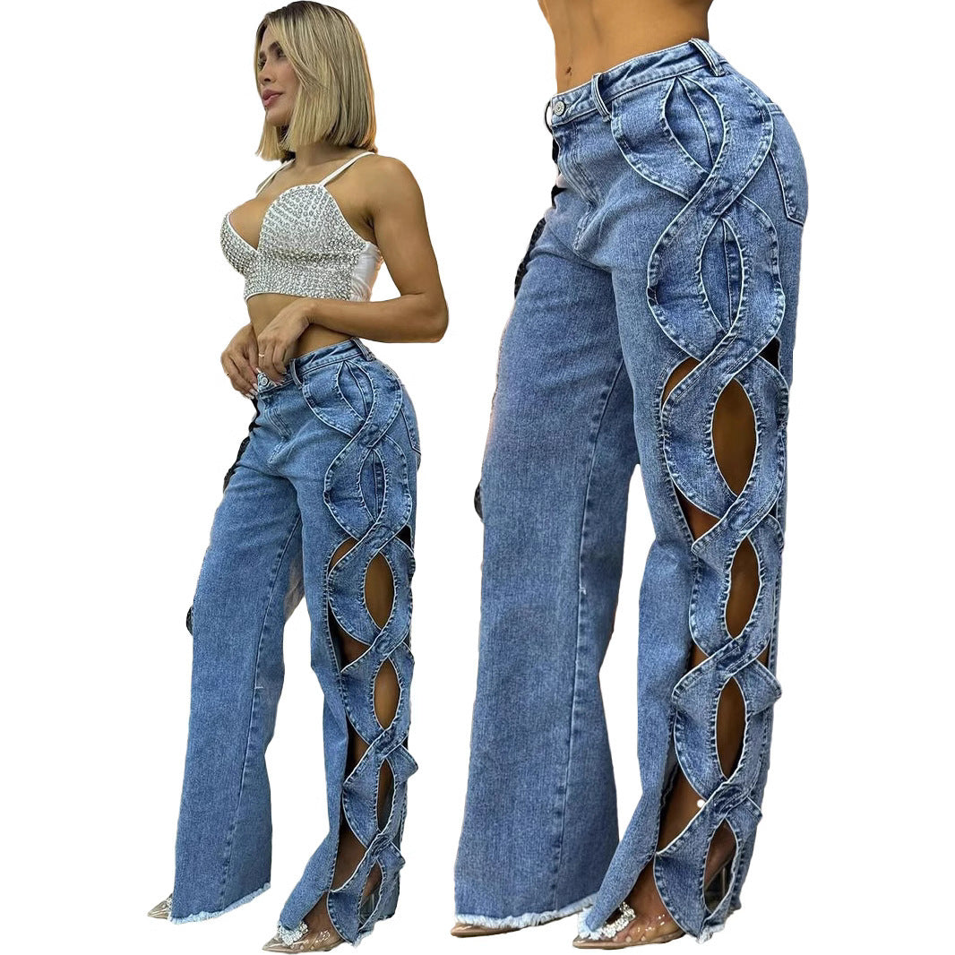 Retro Fashionable Side Hollow S Line Denim Jeans for Women's
