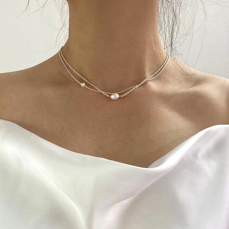 Dainty Layered Pearl Choker Necklace - Minimalist Elegance Sterling Silver Chain Fashion Jewelry Gift