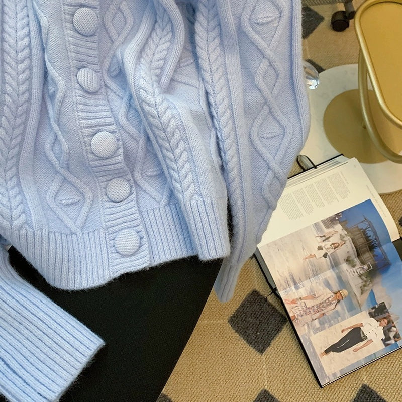 Cozy Cable Knit Cardigan - Light Blue Loose Korean Lazy Wind Gentle Knit Top