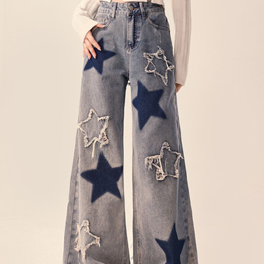Oversized Star Patch Wide-Leg Jeans – Statement Streetwear Denim National Fashion XINGX Embroidery Washed Worn Jeans Men And Women Straight-leg Trousers