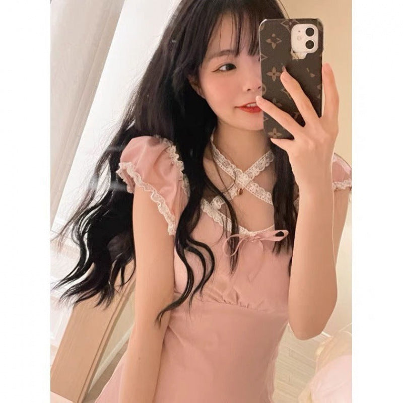 Autumn New Style French Slim Hot Girl Lace Design Short Dress