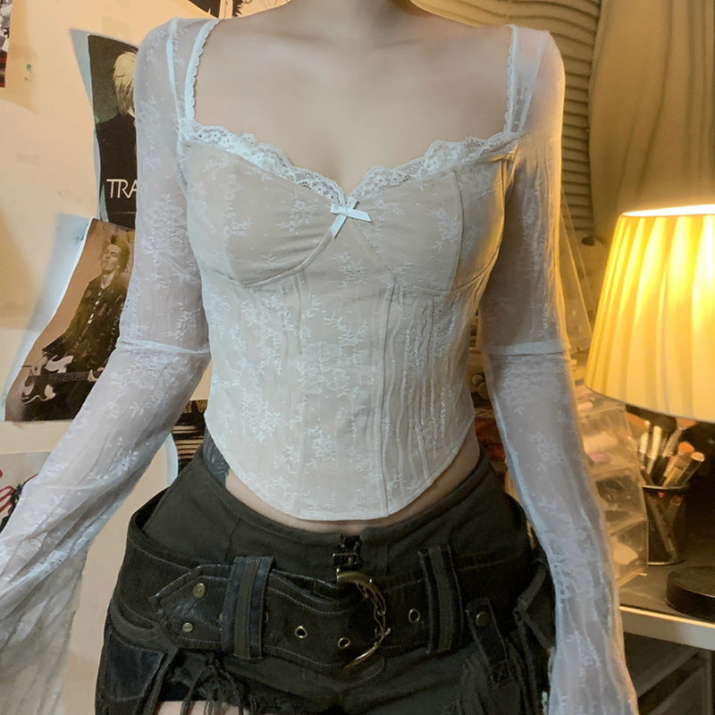 Lace Chest V-neck Lace Slim Fit Patchwork Top