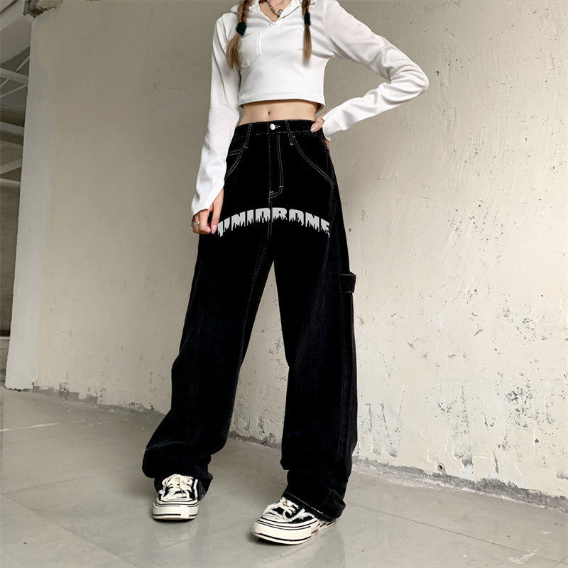 Unidrone Bolt Graphic Wide-Leg Jeans – Electric Street Energy Retro Love English Letters Loose Straight Mop Jeans For Men And Women