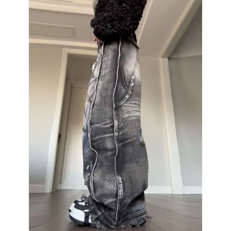 Y2K Black Acid-Wash Wide-Leg Jeans – Streetwear Baggy Grunge Denim American-style Plus Size Washed Graffiti Jeans For Women