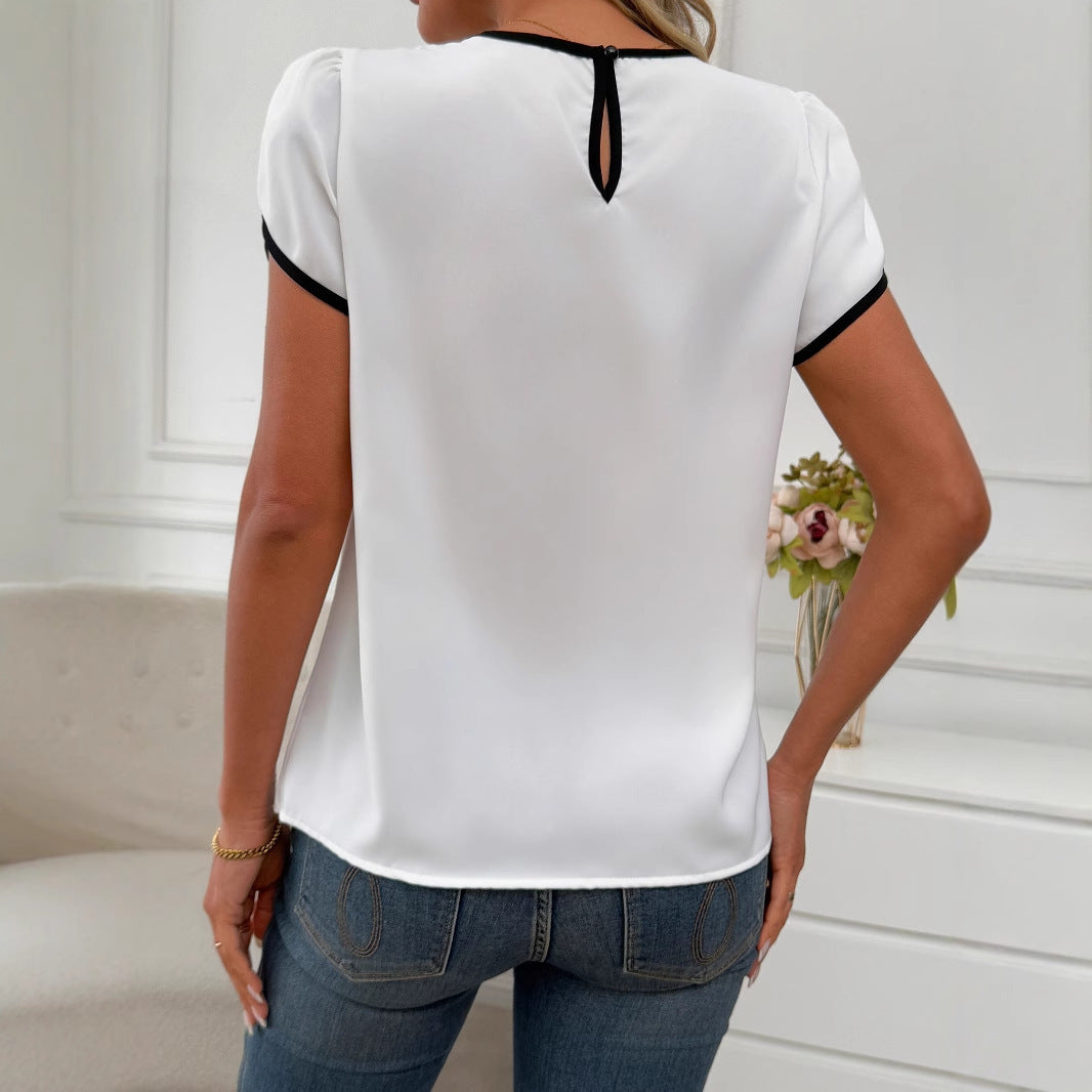 Loose Casual Color Contrast Shirt Short Sleeve Commuter Ruffled Top