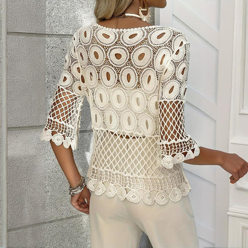 Solid Color Round Neck Crochet Knit Top - Lace Half Sleeve Summer Cover Up With Sheer Cutout Design