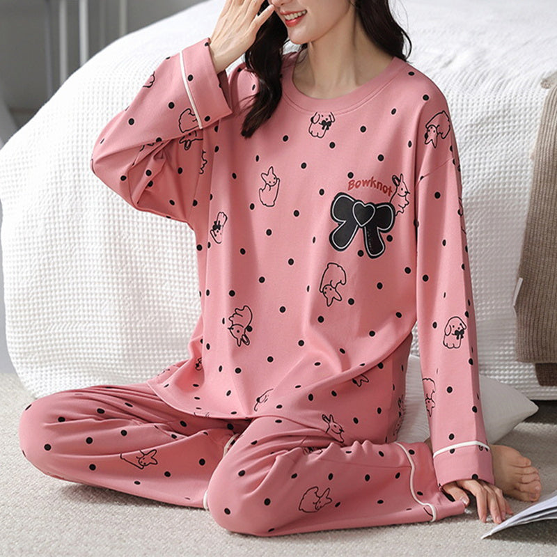 Comfy Women's Cartoon Pattern Sleepwear Set Loose Print Pajamas Women Autumn Winter Pajama Set Long Sleeves And Trousers Elegant Sleepwear Girl Loungewear Home Clothes
