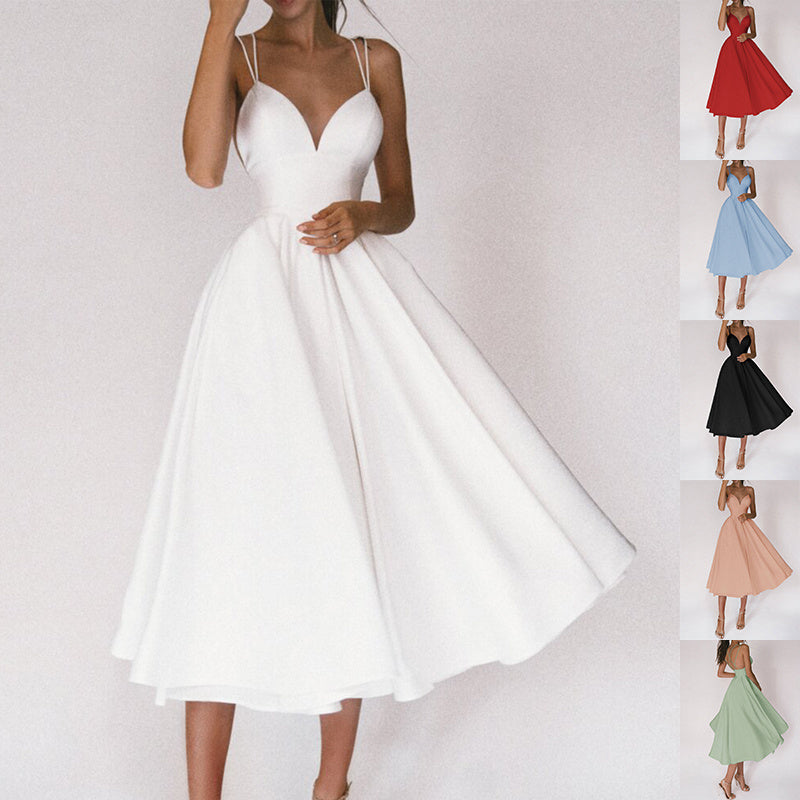 Elegant Sweetheart Neck A-Line Midi Dress Sexy V-neck Suspender Dress Summer Fashion A-Line Long Dresses For Women